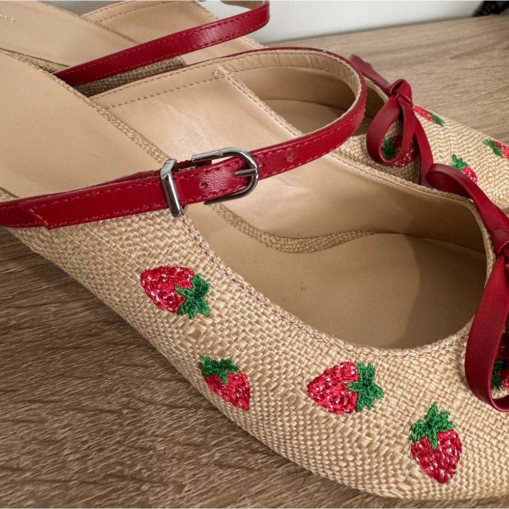 Maeve Straw Pointed-Toe Slingback Heels with Red Strawberry Embroidery - Picture 6 of 8